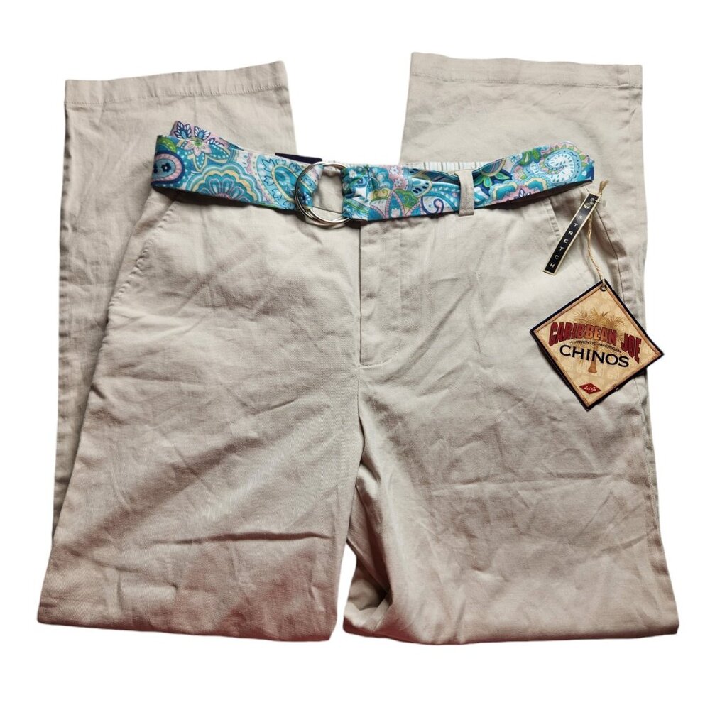Caribbean Joe Let Go Passport Collection Womens Pants Size 14 Belted Beige